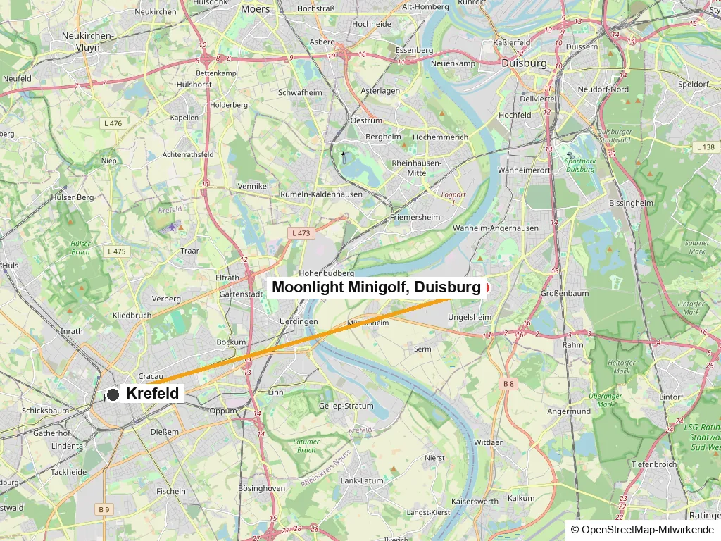 Karte mit Krefeld im Südwesten und dem Moonlight Minigolf in Duisburg-Hüttenheim